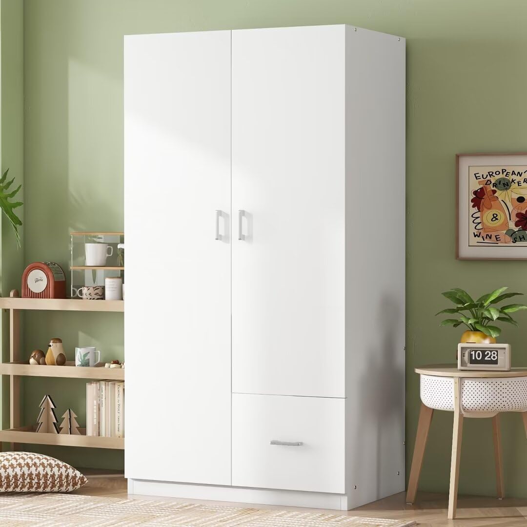 Wooden Wardrobe with Double Doors, 2 Door Wood Wardrobe with 5 Fixed Shelves, One Storage Drawer, Modern Armoire Wardrobe Closet with Hanging Rod (White)