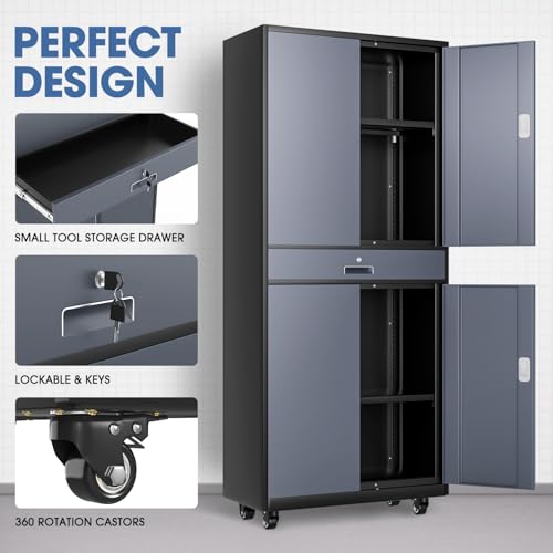 DNA MOTORING 71'' Metal Storage Cabinet, Locking Tool Cabinet with 1 Drawer and Adjustable Shelves, Lockable Heavy Duty Metal Locker for Garage,Office,Home,Gym, Gray, TOOLS-00629-GY-GY-A