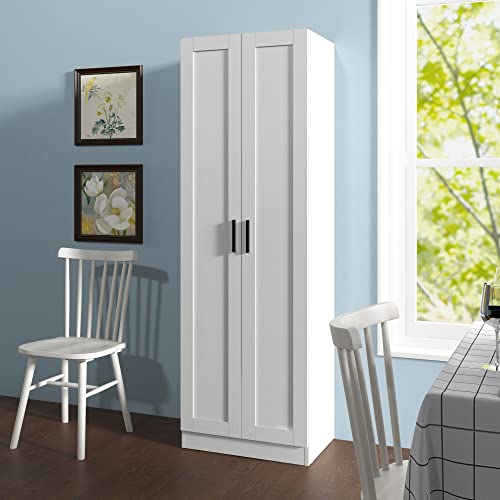 Panana Wooden Tall Storage Cabinet, Collection Food Pantry Cabinet Narrow Cabinet Free Standing with 2 Doors and Shelves (White-s, 45P)