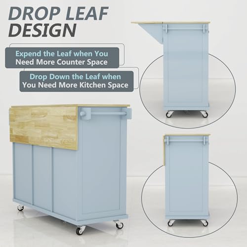 Kitchen Cart on Wheels with Drop Leaf,Rolling Kitchen Island with Storage Cabinet and 3 Drawers,Spice Rack,Towel Rack,Island Table for Kitchen,Living Room,Dining Room (Grey Blue)