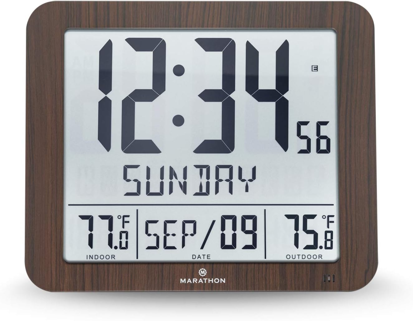MARATHON Slim Atomic Wall Clock with Indoor/Outdoor Temperature, Full Calendar and Large Display - Batteries Included - CL030027-FD (Graphite Grey)