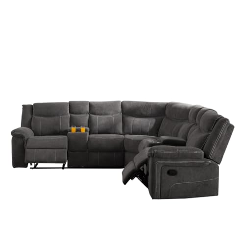 Power Recliner Sofa, Grey Fabric Reclining Sectional Couches with Two Recliners, Cup Holders, Storage Console for Home (Power Reclining)