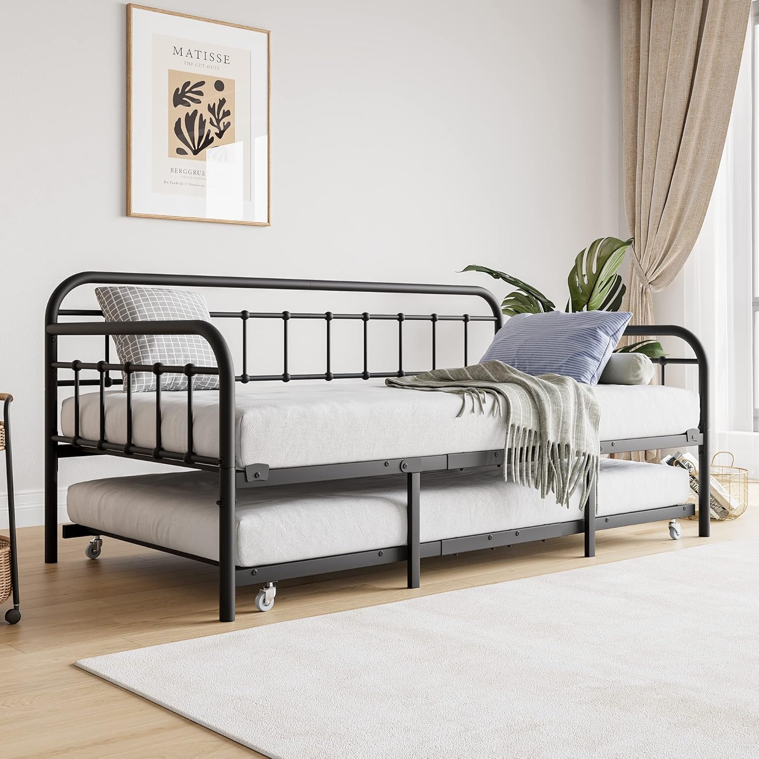Twin Size Metal Daybed, Metal Day Bed with Trundle w/4 Esay-Glide Casters, Heavy Duty Steel Slat Support Sofa Bed with Headboard for Living Room Bedroom Guestroom, Noise Free, Black