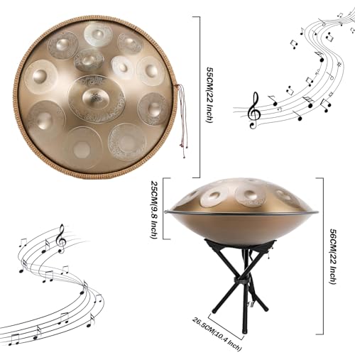 Handpan Drum 9/10/12 Notes 22 Inch Handpan Drum 432HZ/440HZ D minor, harmonic percussion for sound healing, personal meditation, yoga (Gold)(Size:9 Notes(440HZ))