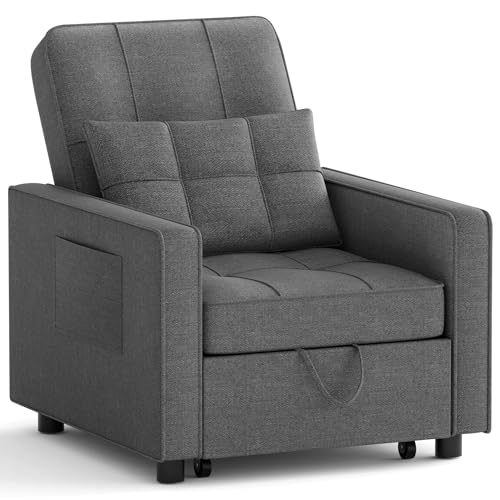 JUMMICO Sleeper Chair, 3-in-1 Convertible Sleeper Sofa Bed for Adults, Linen Fabric Pull Out Chair Bed with Adjustable Backrest, for Living Room, Apartment, Office, Small Space (Beige)