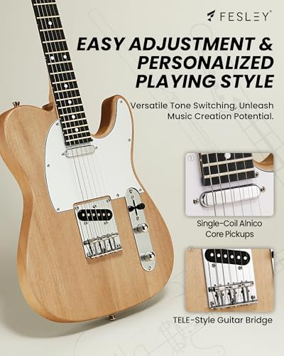 Fesley DIY LP Style Electric Guitar with Mahogany Wood Body/Neck, 6 String, Techwood Fretboard, H-H Pickups, Flamed Maple Veneer Top, Build Your Own Guitar Kit - Natural