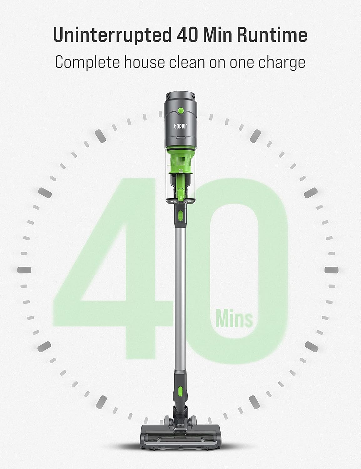 TOPPIN Cordless Stick Vacuum Cleaner - Perfect for Deep Clean Pet Hair, 24kPa Strong Suction, 40min Runtime, 8 in 1 Cordless Handheld Vacuum with Detachable Battery, 350W Brushless Motor