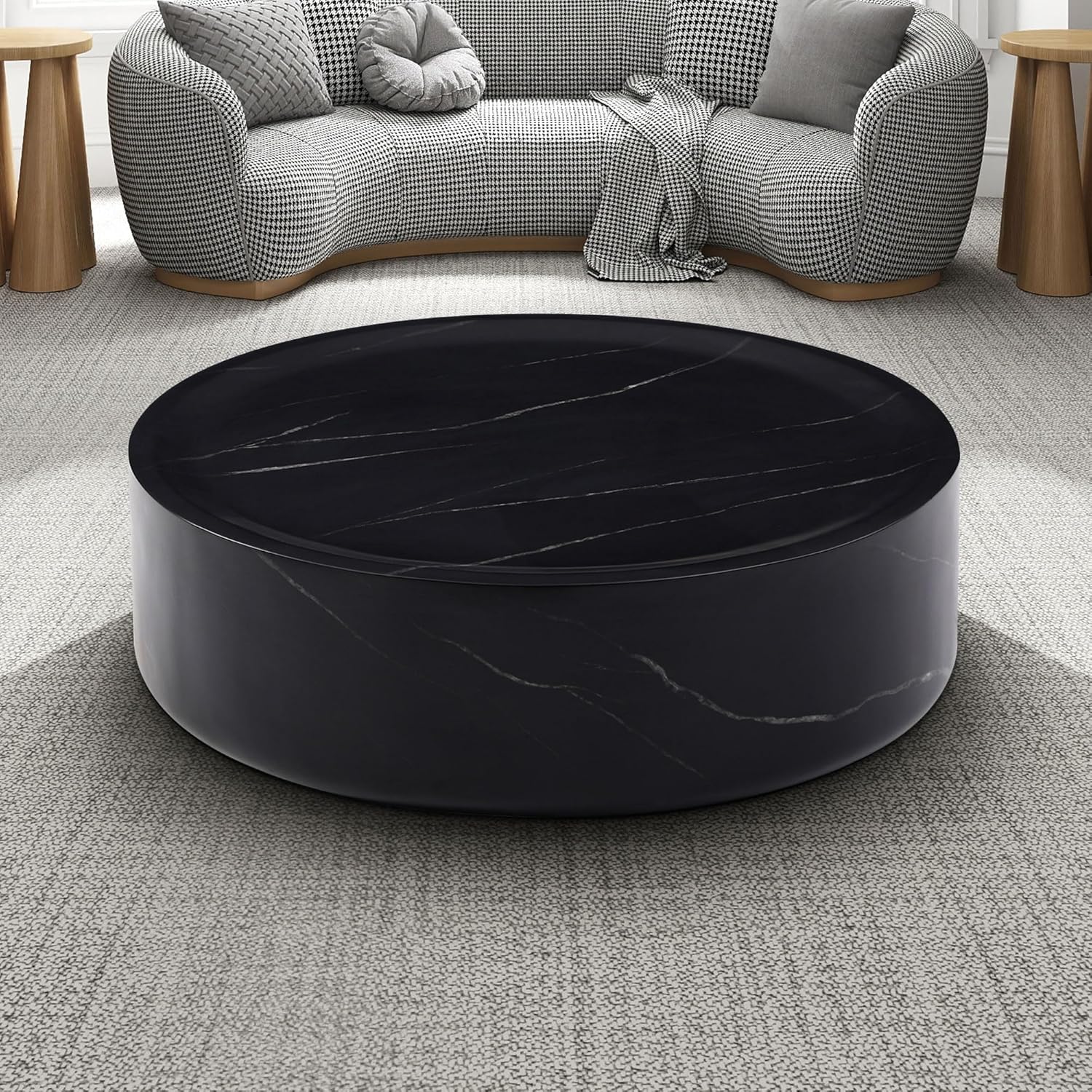Henf 31.5" Round Marble Coffee Table for Living Room Modern Black Faux Marble Drum Coffee Table Circle Center Table Cocktail Table Sturdy Fiberglass Living Room Table No Need Assembly (Black)