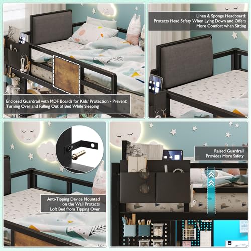 Loft Bed Twin Size, Twin Loft Bed with Desk, Metal Bunk Bed with Desk Underneath and LED Lights & Charging Station, L-Shaped Desk and Storage,5 Drawer&2 Pegboards, Safety Guard Ladder, Brown