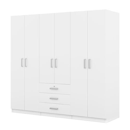 Large Wardrobe Closet 6 Doors, 70.9" W Wooden Wardrobe Cabinet with Big Drawers, Bedroom Armoire Dresser Wardrobe Clothes Organizer (Gray)
