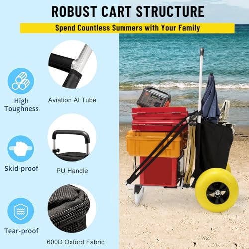 Beach Fishing Cart, 13” Big Balloon Wheels w/Flat-Free Solid PU Tires for Sands, 165LBS Loading Folding Sand Cart & 33.1" to 51.6" Adjustable Height, Beach Buggy Cart w/Storage Bag, No Rust