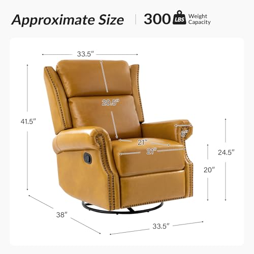 HULALA HOME Genuine Leather Swivel Rocker Recliner, Manual Glider Recliner Chair with Footrest and Lumbar Support, Pushback Recliner with Nailhead Trim and Metal Base(Saddle)
