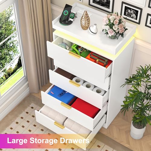 White Dresser with LED Lights, Wooden LED Dresser, 4 Drawer Chest with Charging Station, Tall Chest of Drawer Closet Organizer for Bedroom, Living Room, Entryway, Hallway