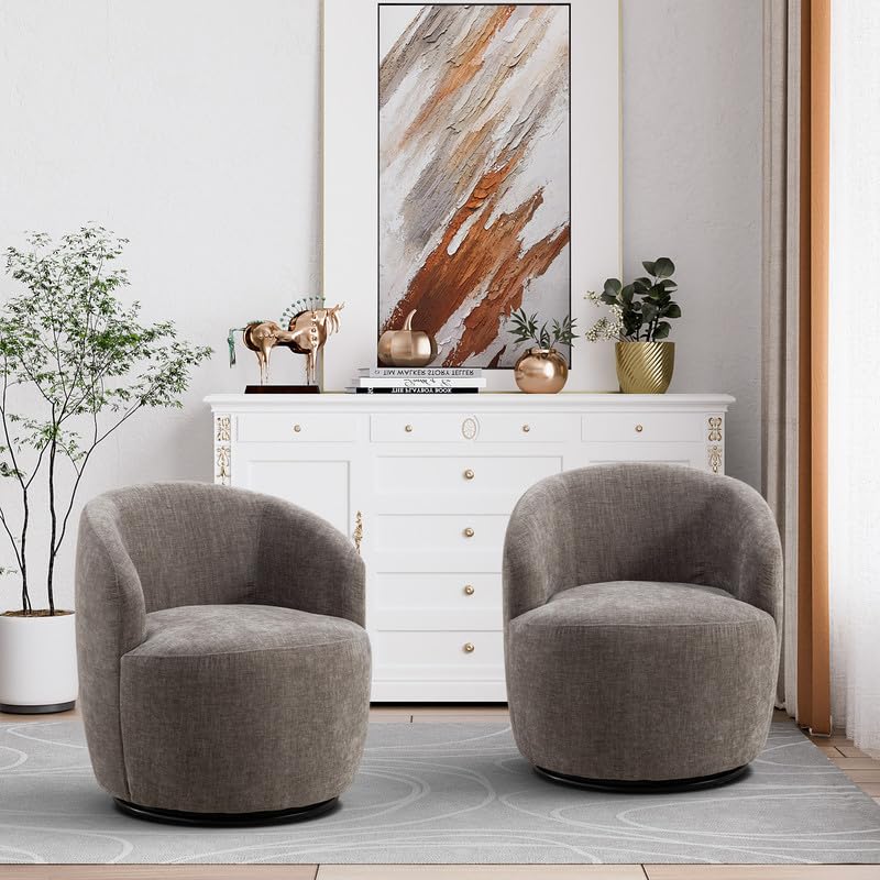 Swivel Barrel Chair Set of 2, 360 Degree Swivel Round Chair, Modern Upholstered Small Round Accent Arm Chairs,Chenille Living Room Barrel Chair, Suitable for Office (Mustard)