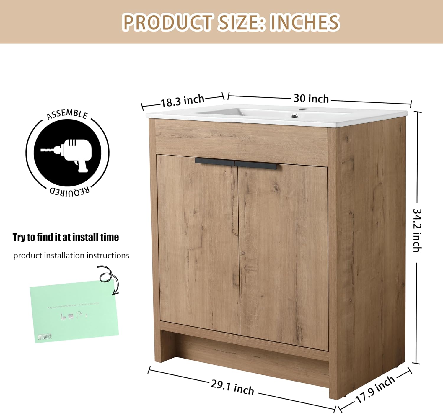 30" Bathroom Vanity with Sink, 30 Inch Freestanding Bathroom Vanity, Single Sink Bathroom Vanity Combo, Modern Bathroom Vanity, Brown Floor Standing Cabinet Set (Imo-024, 30''W x 18''D)