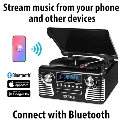 Victrola Haley Retro Bluetooth Record Player & Multimedia Center with Built-in Speakers - 3-Speed Turntable, CD Player, AM/FM Radio, 3.5mm Aux-In, Wireless Music Streaming, Black