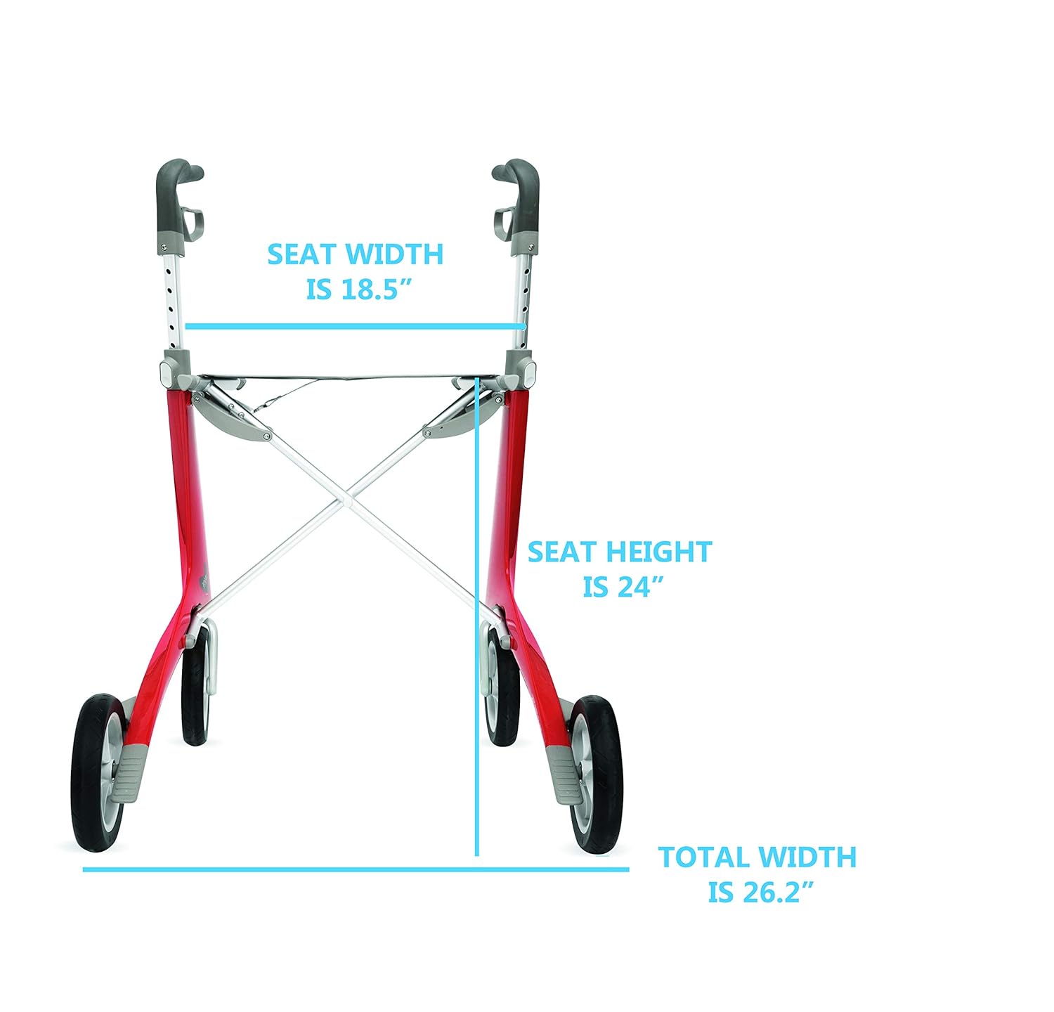 ByACRE Carbon Ultralight Rollator Walker with Organizer Bag, Wide Track, 18.5" x 24" Seat (W x H), Red