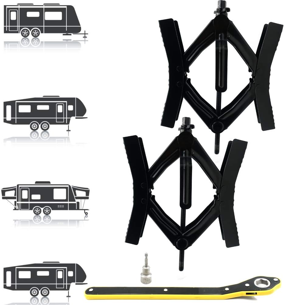 RV Camper wheel tire chock, 2 sets, for RV safety, levering system, Heavy Duty, stabilizer jack with crank handle x chock rv