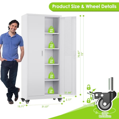 Aobabo 71" H×34" W×18" D Garage Metal Storage Cabinet with Wheels, Locking Steel Storage Cabinet with 5 Shelves and 4 Hooks, for Home Office, School, Assembly Required, Black Silver