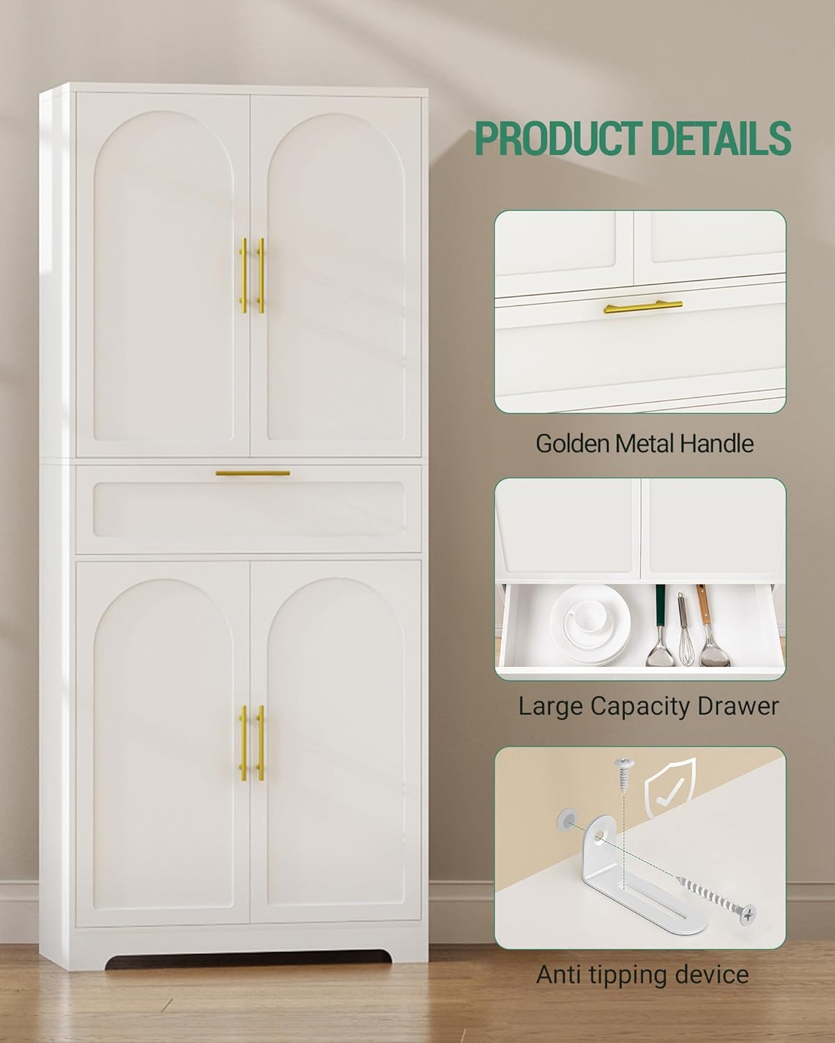 71" Kitchen Pantry Storage Cabinet, Tall Storage Cabinet with Adjustable Shelves, 1 Drawer, 4 Doors, Freestanding Cupboards Sideboard for Dining Room, Living Room, Laundry, White PT18103X