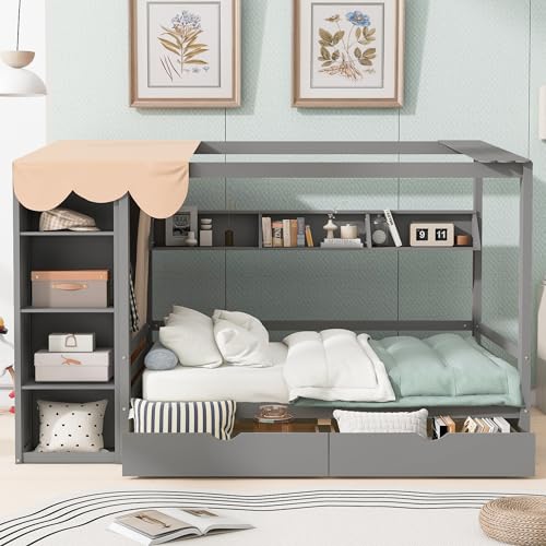 Multi-functional Twin Size House Bed with 2 Drawers and Built-in Wardrobe, Solid Wood Daybed Platform Bed Frame with Curtain Fabrics and Shelves, Maximising Space (Grey-Curt)
