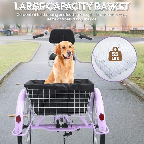 26 Inch Tricycle for Adults, 7 Speed Beach Cruiser Bike Adult Tricycles for Women Men, 3 Wheel Bikes for Adults Large Seat with Backrest, Three Wheel Bikes with Front & Rear Baskets