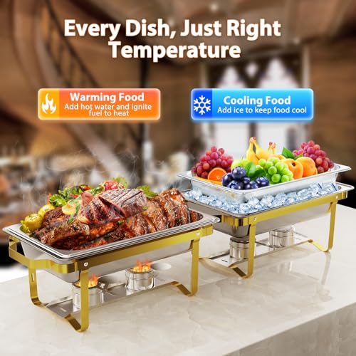 ROOMTEC Chafing Dishes for Buffet 4 Pack, 8QT 304 Stainless Steel Chafing Dish Buffet Set, Chafers and Buffet Warmers Sets for Birthday, Wedding, Rolled-Edge Design, Gold and Silver