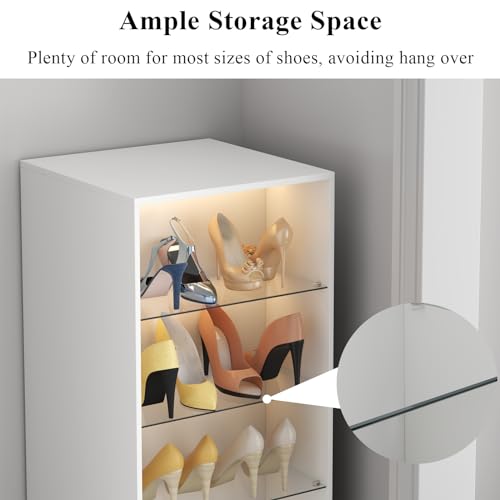 Rotating Shoe Rack with Sensor Light, Spinning Shoe Rack Tower with Glass Shelves, 360°Revolving Shoe Storage Organizer Lazy Susan Shoe for Entryway, Hallway, Living Room (White)