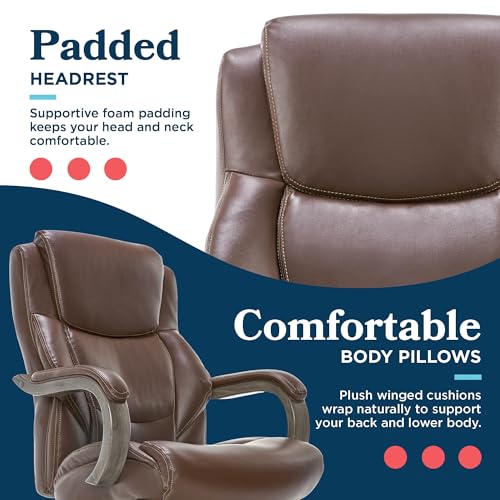 La-Z-Boy Delano Big & Tall Executive Office Chair, Ergonomic Mid-Back Body Pillow Lumbar Support, ComfortCore Memory Foam Cushion, Mahogany Wood Arms & Swivel Base, Bonded Leather, Chestnut Brown