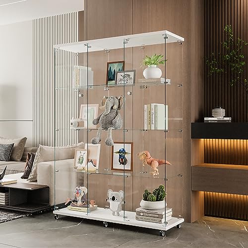 Large Glass Display Cabinet with 12 Glass Shelves and Double Doors, Modern 4-Tier Curio Cabinets with Wheels and Lock, Floor Standing Bookshelf Display Case, Black