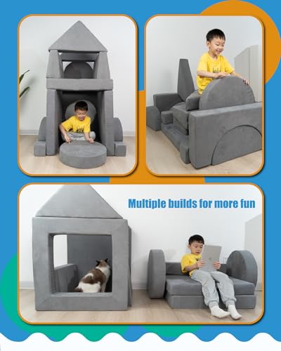 Kids Sofa Couch 15PCS - Modular Toddler Play Couch with Removable Cover, Multifunctional Kids Couch for Playroom Bedroom - Convertible Foam Toddler Sofa for Girls and Boys (Gray)
