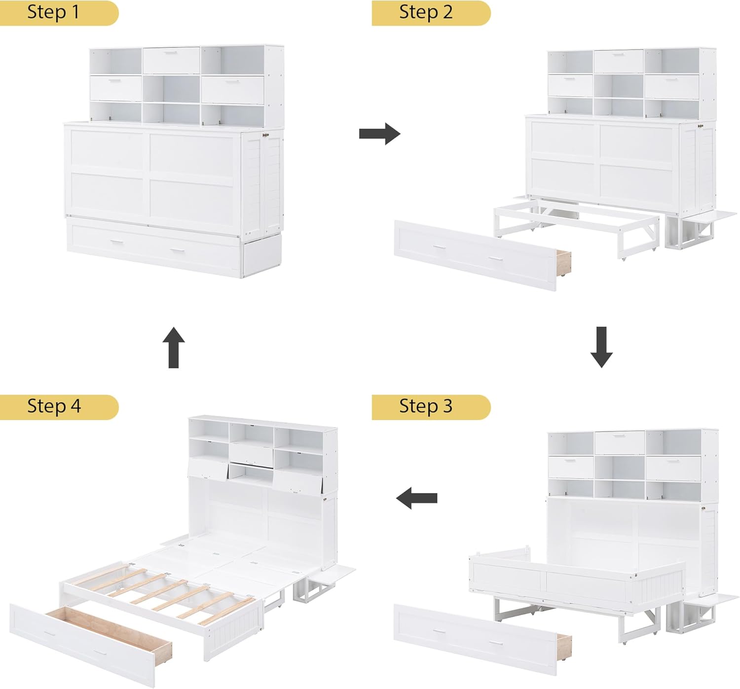 Queen Size Murphy Bed with Bookcase, Bedside Shelves and a Big Drawer, White