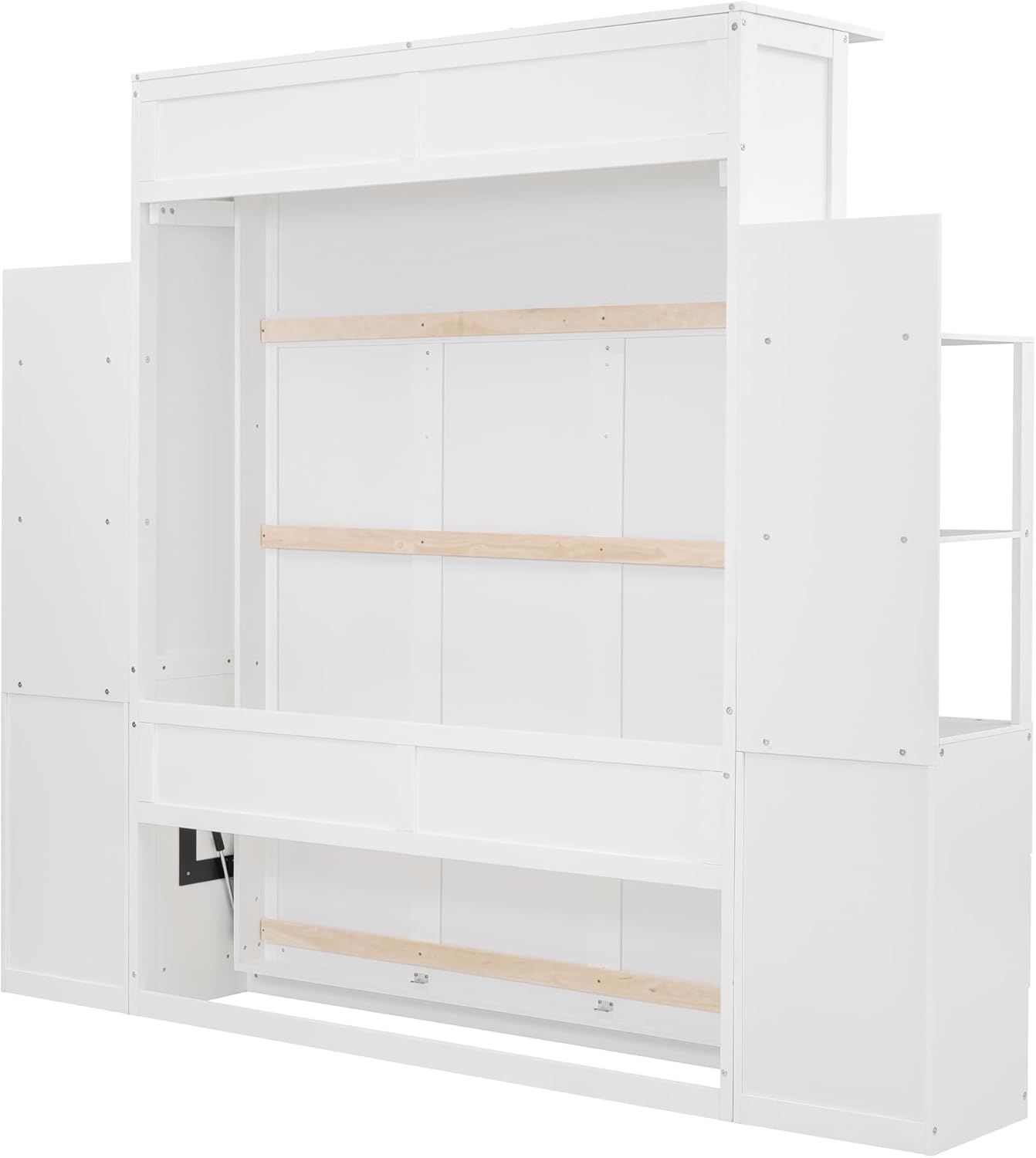 Queen Size Murphy Bed Wall Bed with Shelves, Drawers and LED Lights,White