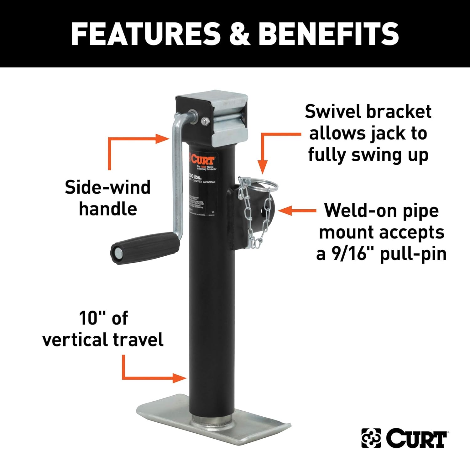 CURT 28321 Weld-On Pipe-Mount Swivel Trailer Jack, 2,000 lbs. 10 Inches Vertical Travel Pack of 2