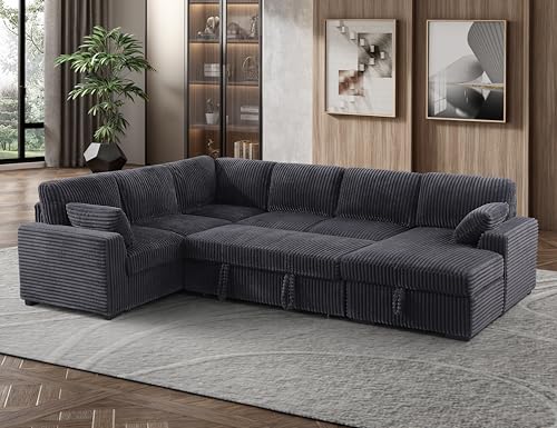 Oversized U-Shaped Sectional Sofa Couch Plush Corduroy Upholstered Modular Deep Seat Sofa&Couch Sectional W/Right Facing Chaise Lounge and 7 Toss Pillows for Home Apartment Living Room Furniture Sets
