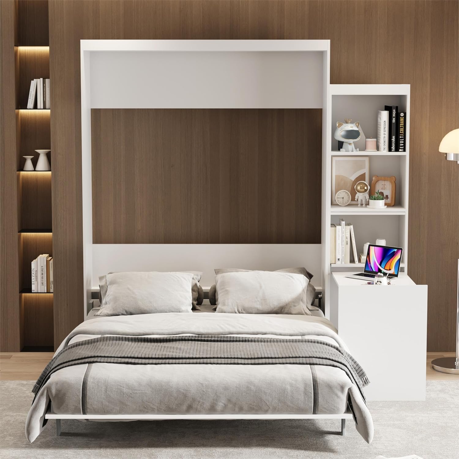 Queen Size Vertical Murphy Bed with Desk, Shelf and Drawers, Modern Folding Hidden Bed Gas Struts, Wall Bed for Bedroom or Guestroom, White