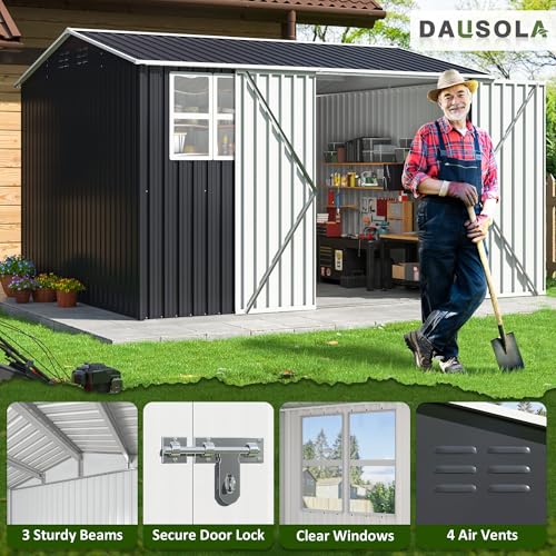 10x10 FT Outdoor Storage Shed, Metal Garden Tool Shed with Updated Frame Structure, Lockable Doors and Windows, Ideal for Backyard Garden Patio Lawn, Grey