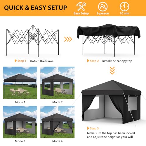 Grey 10x10 Pop Up Canopy with 4 Removable Sidewalls and Windows, 3 Adjustable Heights Commercial Shelter, Portable Enclosed Instant Tent with Wheeled Carry Bag, Waterproof Outdoor Gazebo