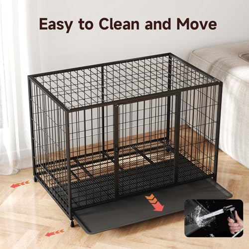 48 Inch Heavy Duty Indestructible Dog Crate Steel Escape Proof, Indoor Double Door High Anxiety Cage, Kennel with Wheels, Removable Tray, Extra Large XL XXL