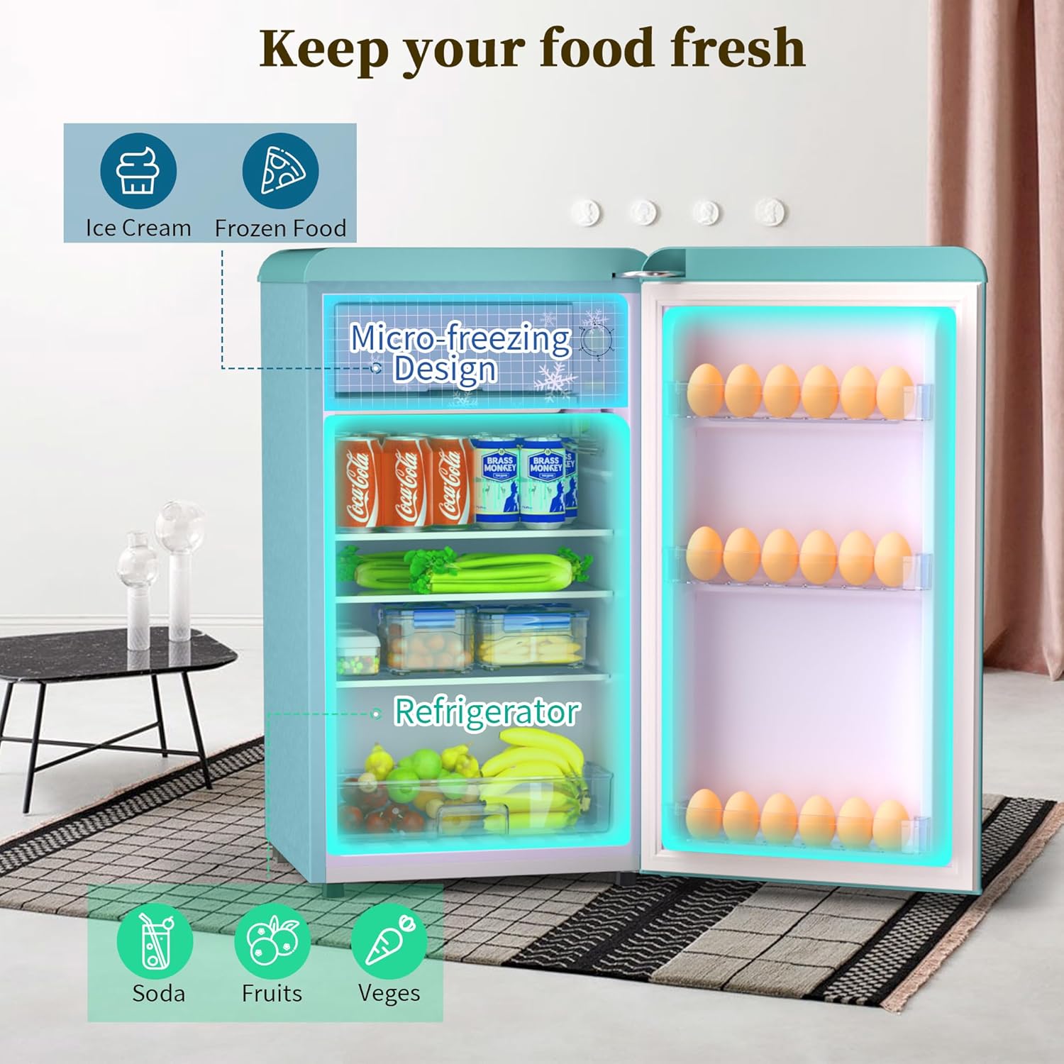 Retro Mini Fridge with Freezer, Compact Refrigerator for Bedroom with Freezer, Retro Small Fridge Freezer with Adjustable Thermostat&Shelf 3.6 Cu.Ft. Single Door Retro Fridge for Dorm Office(Blue)
