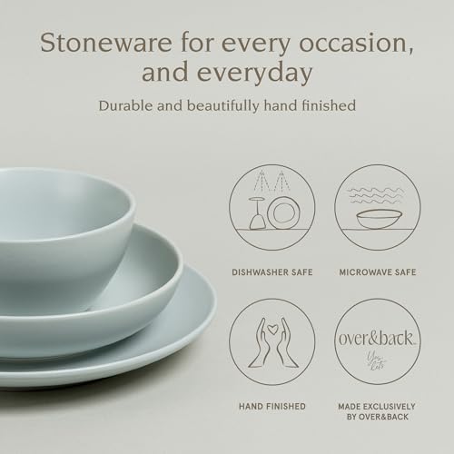 over&back Coupe Dinnerware Set - Stoneware Dishes - Comes with 4 Dinner Plates, 4 Salad Plates, 4 Cereal Bowls, and 4 Dinner Bowls - 16-Piece All-Occasion Place Settings - Semi-Matte Fog Blue