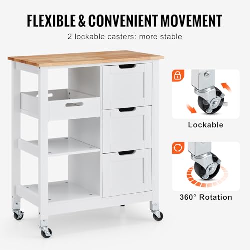 VEVOR Kitchen Island Cart, 26 inch Wood Top Mobile Breakfast Bar, Rolling Kitchen Table with 3 Drawers and Shelves, Portable Islands on Wheels, for Dining Kitchen Living Room Farmhouse, White