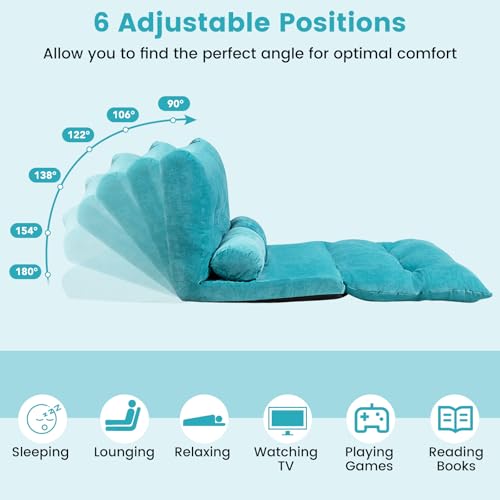 KOMFOTT Foldable Floor Lazy Sofa with 2 Pillows, 6-Position Adjustable Reclining Sofa Sleeper Bed, Convertible Futon Couch Bed, Floor Couch Lounge for Relaxing, Reading, Playing, Gaming (Beige)