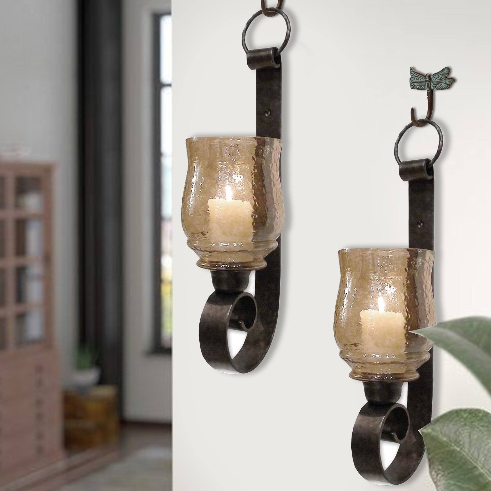 Benjara Scroll Design Metal Frame Vertical Wall Mounted Candle Holder Sconce, Set of 2, Bronze