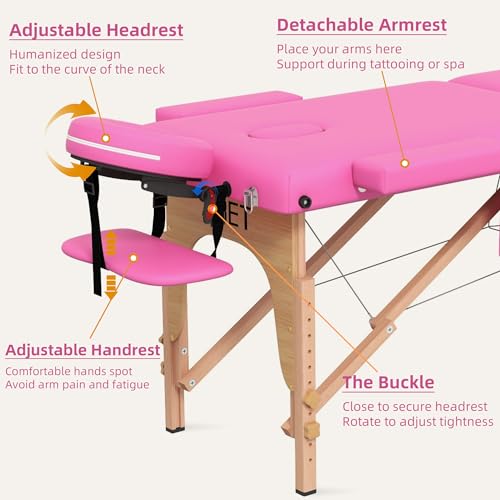 Massage Table, 3 Fold Portable Lash Bed Tatto Bed, Height Adjustable Spa Facial Bed 3 Sections with Face Cradle, Detachable Armrest, Black Frame & Accessories Carrying Bag, Black