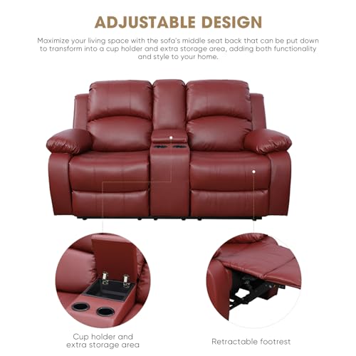 Recliner Loveseat, Leather Couch Living Room 2-Seat Sofa Chair with Storage Box and Cup Holders for Apartment, Home, Office (Red)