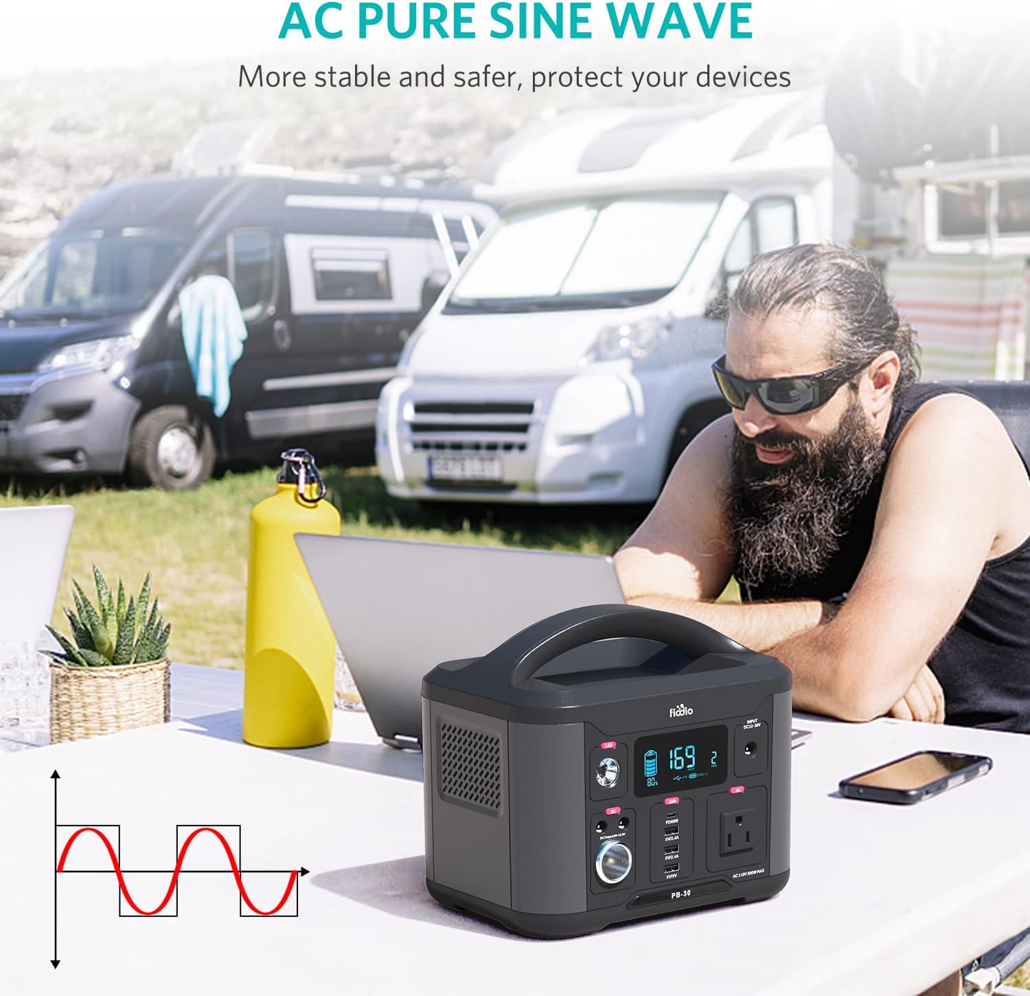 Fiodio Portable Power Station 300Wh, Solar Generator with AC110V 300W AC Outlet, PD 60W Quick Charge, Charge up to 8 Devices, Backup Battery for Home Camping Emergency Use