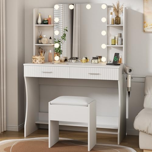 Vanity Desk with LED Lighted Mirror, Makeup Vanity with 3 Adjustable Lights, 2 Large Drawers and 4 Open Shelves, White Vanity with Storage Stool for Bedroom