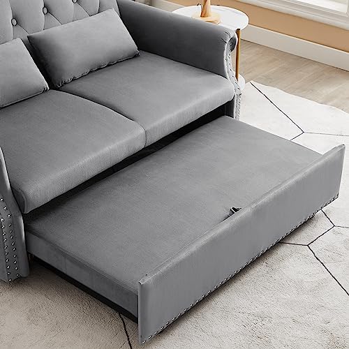 55" Button Tufted Upholstered Nailhead Decor Futon Loveseat Daybed Convertible Sleep Sofabed,3 in1 Reclining Backrest Love Seat w/Pull Out Sleeper Couch Bed Sofas, Gray Velvet 2 Pillows