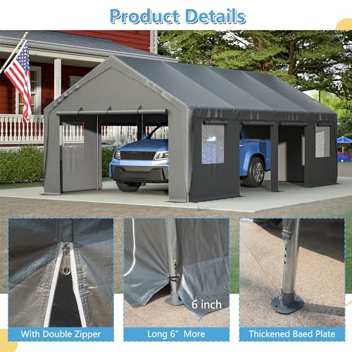 Carport 20x12ft,2in1 Kit Car Canopy Portable Garage,Heavy-Duty Waterproof & UV Protected,Car-Port with Roll-up Ventilated Windows & Removable Sidewalls for SUV,Truck,Boat,Tractor,Sand